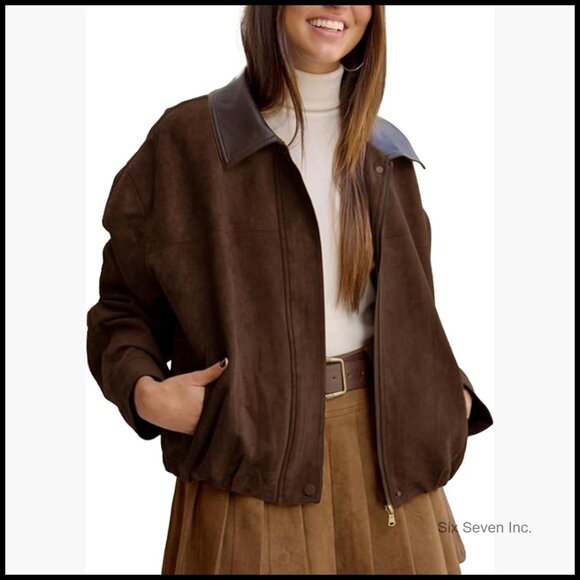 Jackets & Blazers - Faux Suede Bomber Jacket Oversized Cropped Zip Up Casual Outerwear